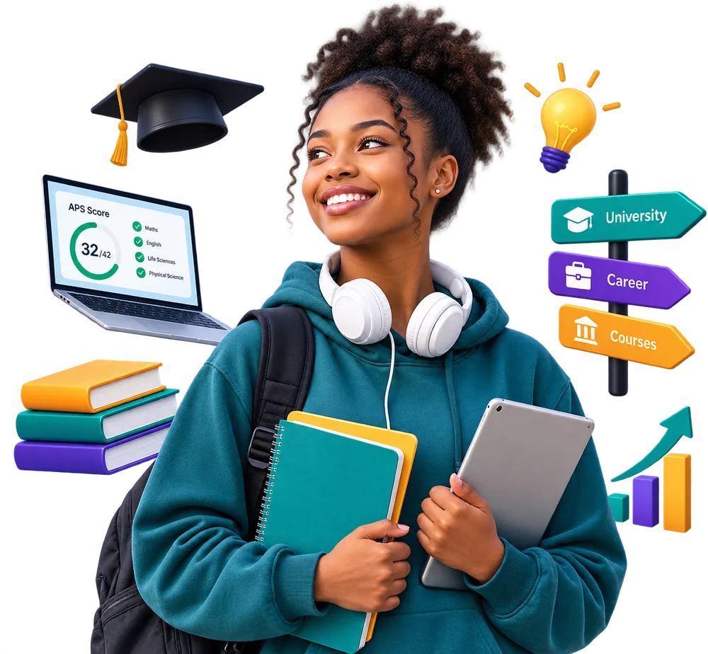 A Grade 12 learner with her books and tablet, surrounded by an APS score of 32 out of 42, a graduation cap, and signposts pointing to University, Career and Courses